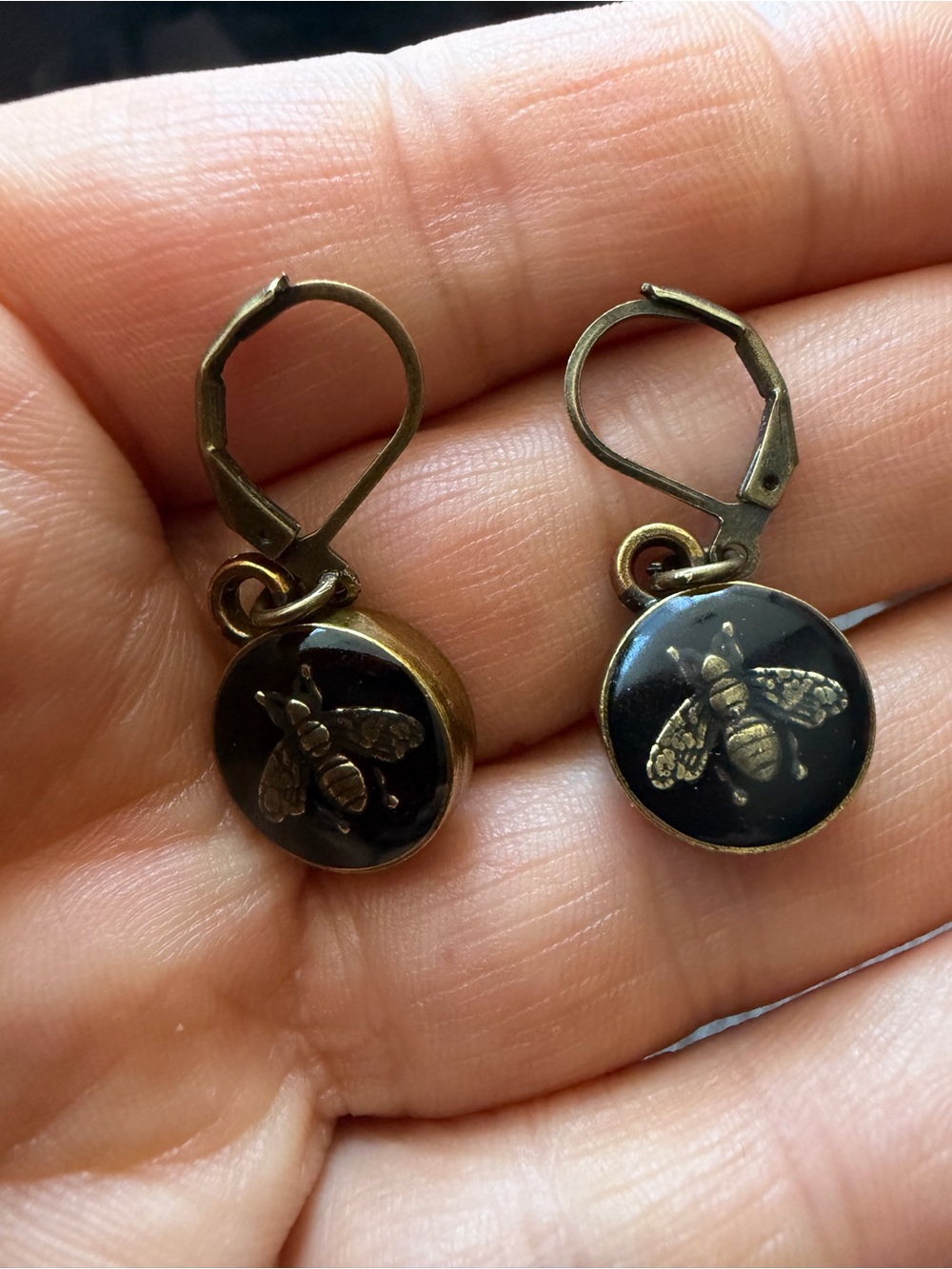 Unbranded Upcycled Bee Motif Drop Earrings in Black and Gold